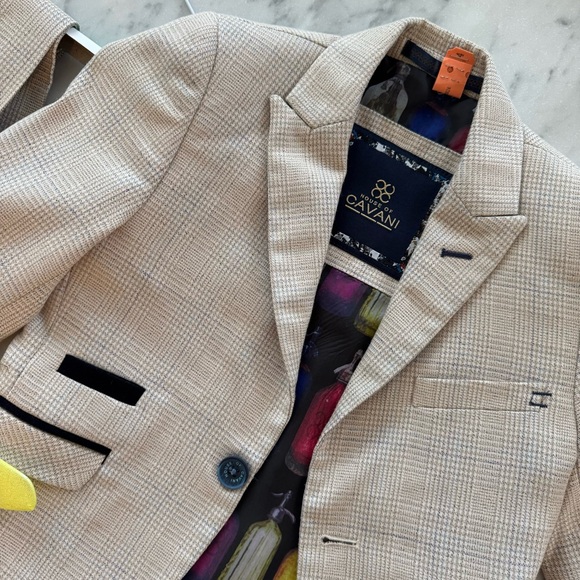 Single-breasted Checked 3 Piece Suit 3Y Light Beige Navy Blue Vest Trousers - Picture 12 of 16